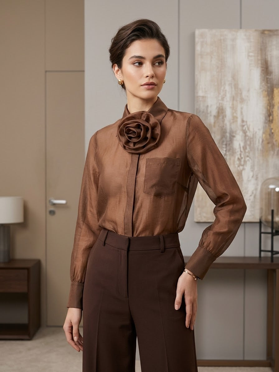 Camicia in Voile Marrone Cioccolato con Dettaglio Fiore Tridimensionale