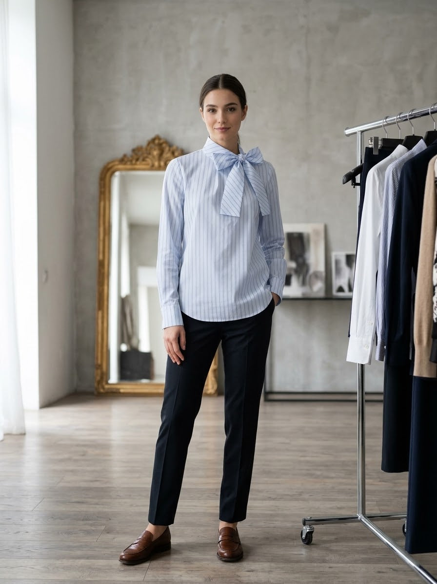 Camicia a Righe con Fiocco in Collo