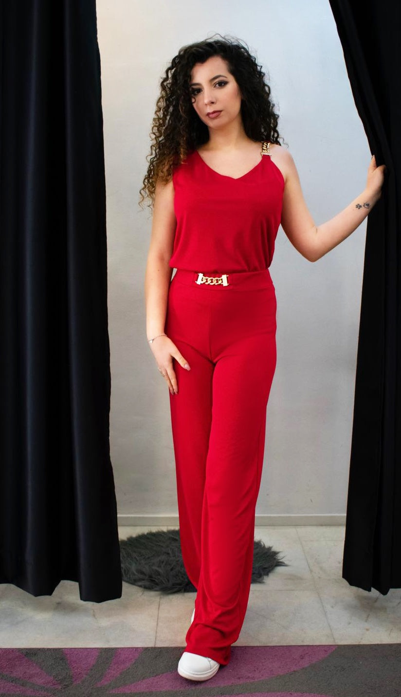 Top rosso, mono spalla, dettaglio in oro - Akè