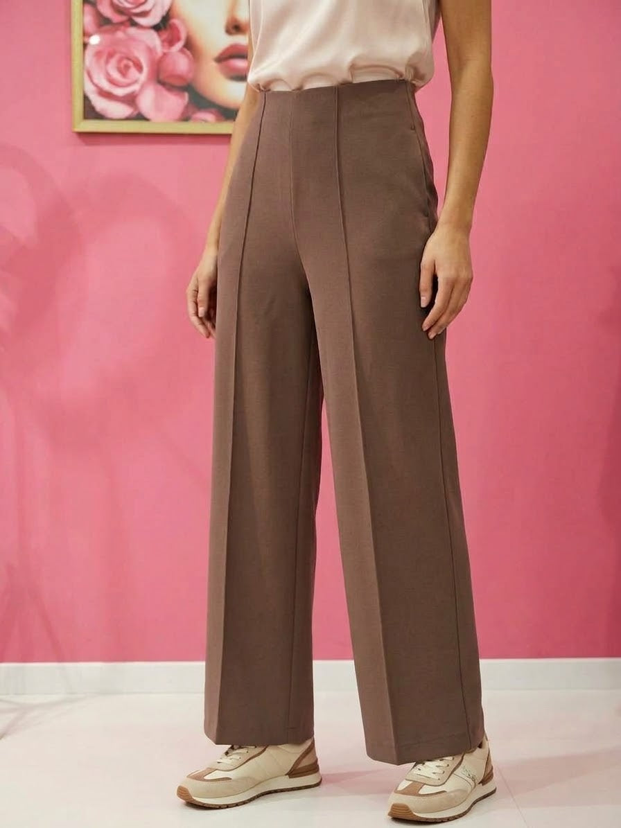 Pantalone Donna Palazzo a Vita Alta "Marrone Nocciola" con Cuesta Frontale