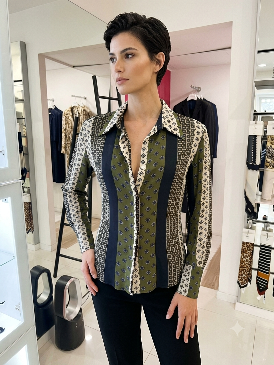 Camicia in Seta a Pannelli Multi-Fantasia Geometrica
