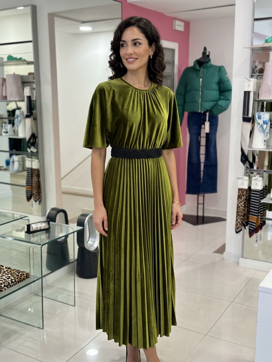 ABITO Longuette Pleated in Velluto Verde Oliva