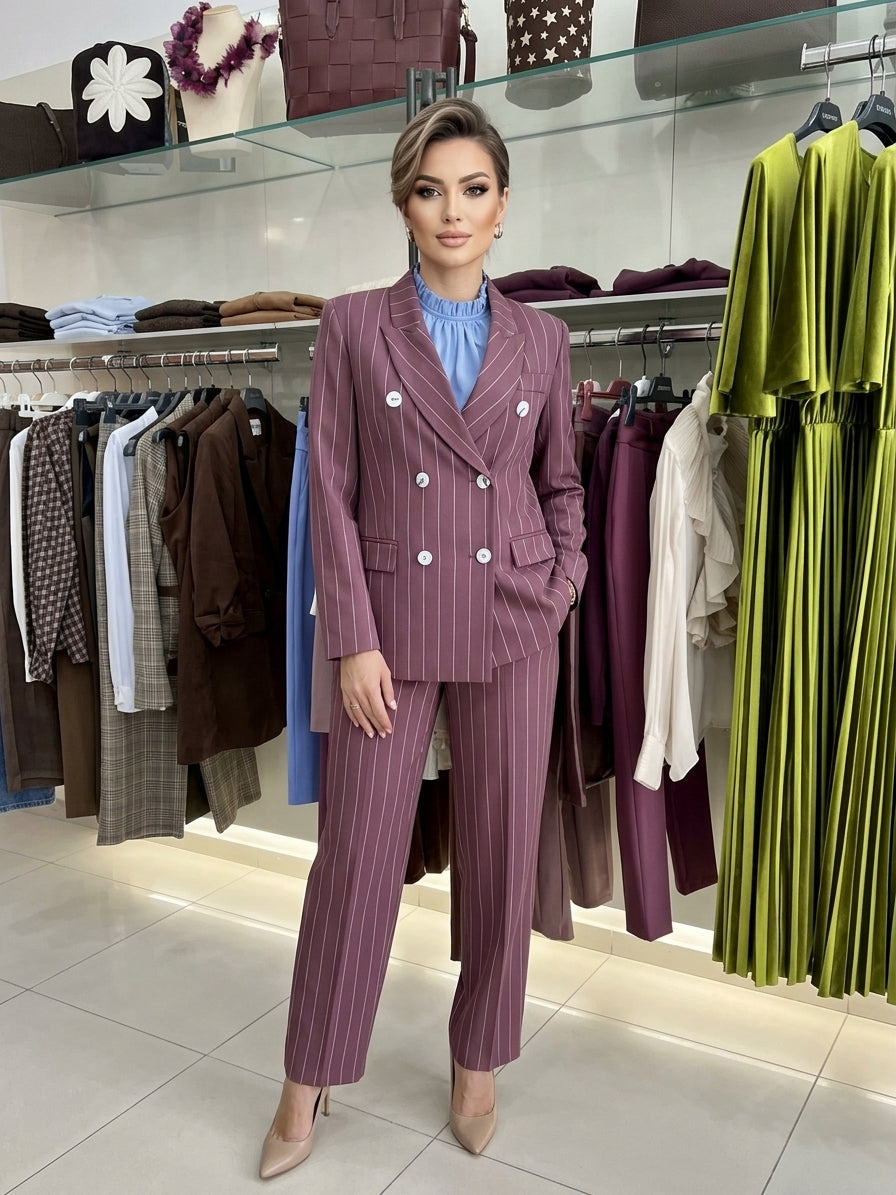 Giacca Doppio Petto Gessata Bordeaux con Blusa Azzurra