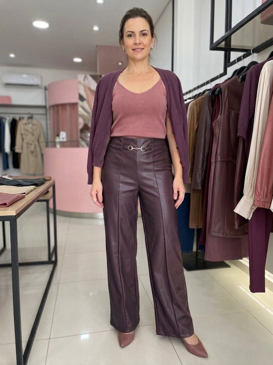 Pantaloni Palazzo in Ecopelle con Morsetto Gioiello