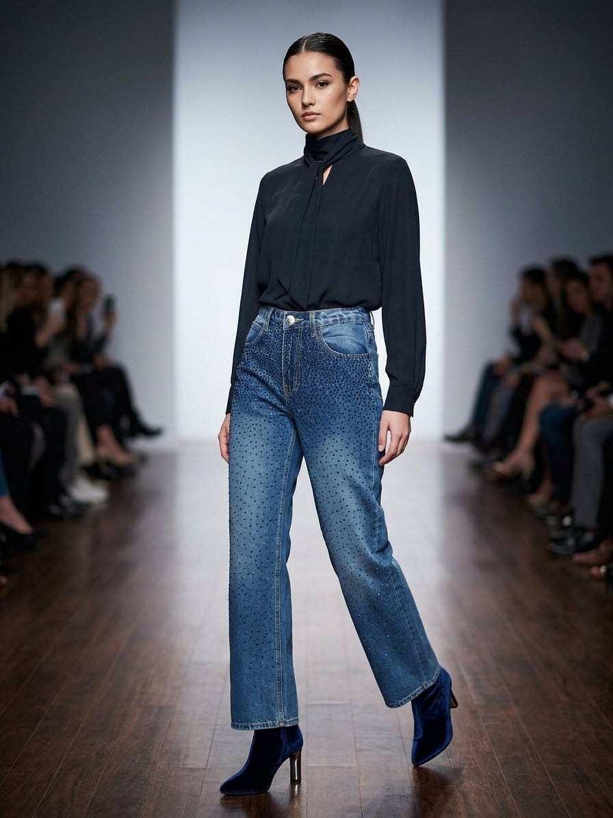 Jeans Straight Leg con Dettaglio di Strass Brilliant Blue