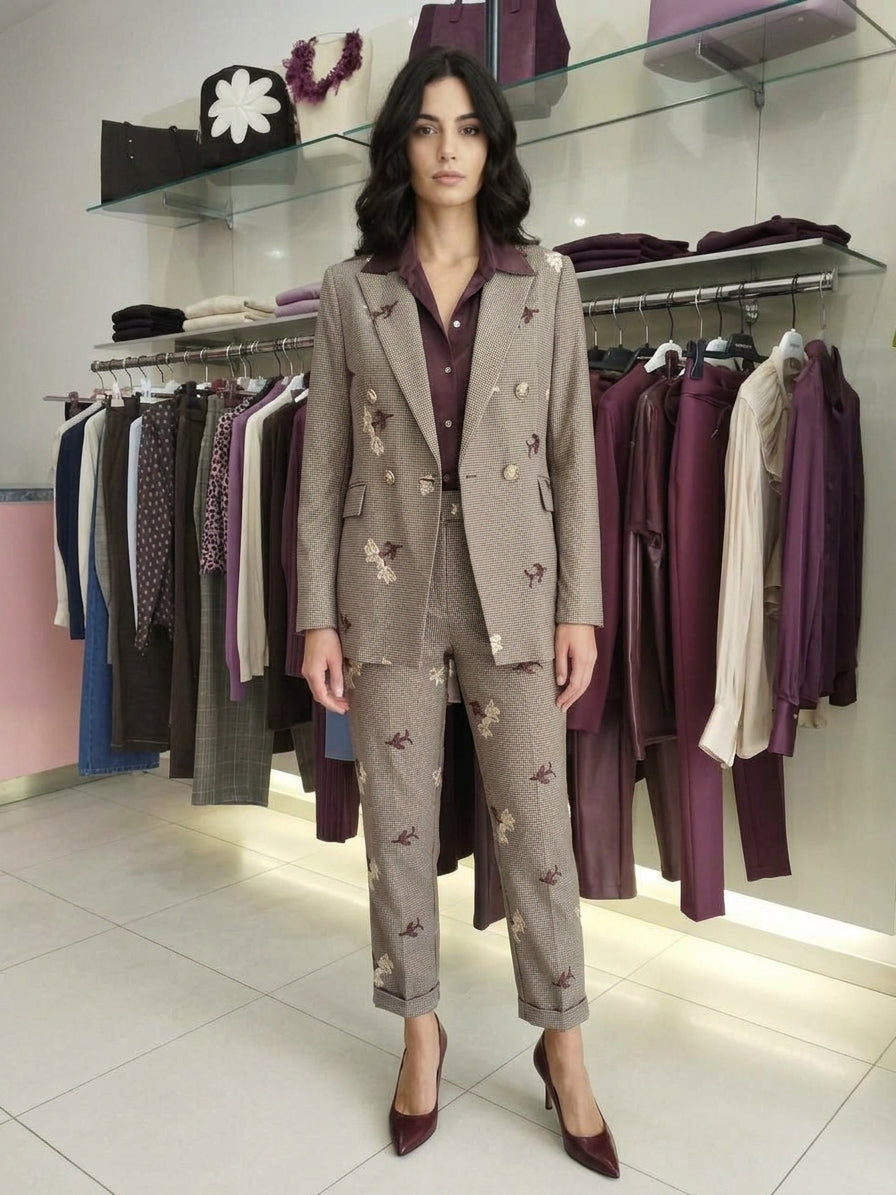 Giacca Doppio Petto Sartoriale a Micro-Check con Ricami Floreali