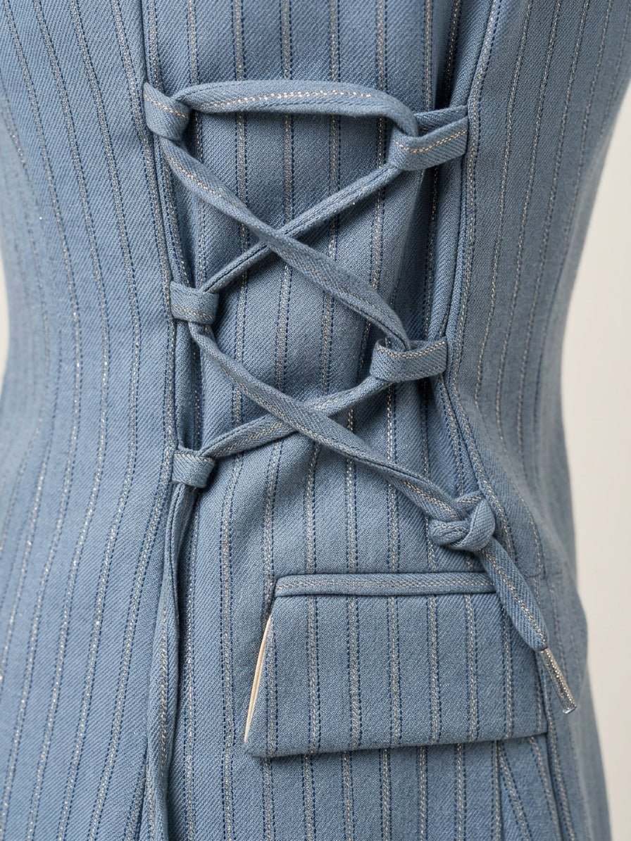 Giacca Blazer Gessata Monopetto con Dettagli Sartoriali e stringhe laterali