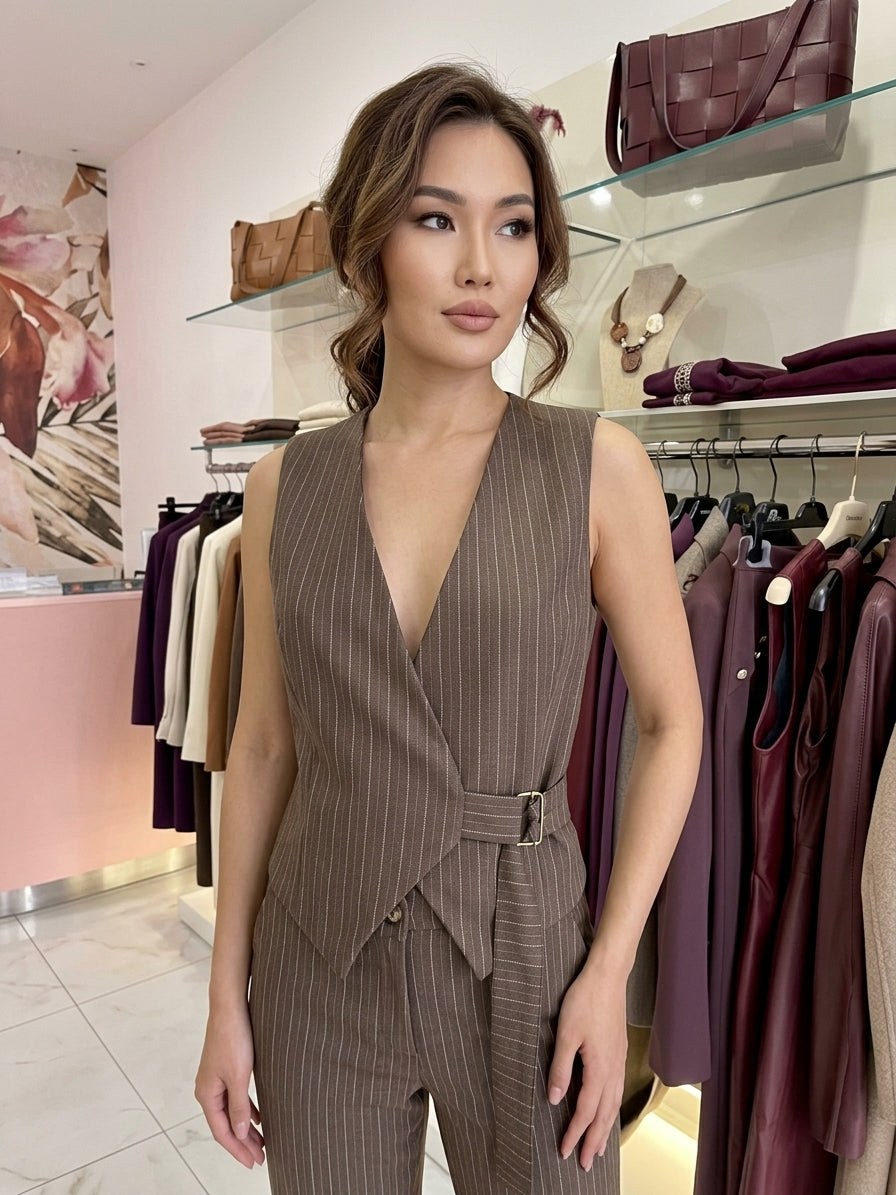 Gilet Sartoriale Gessato a Incrocio con Fibbia