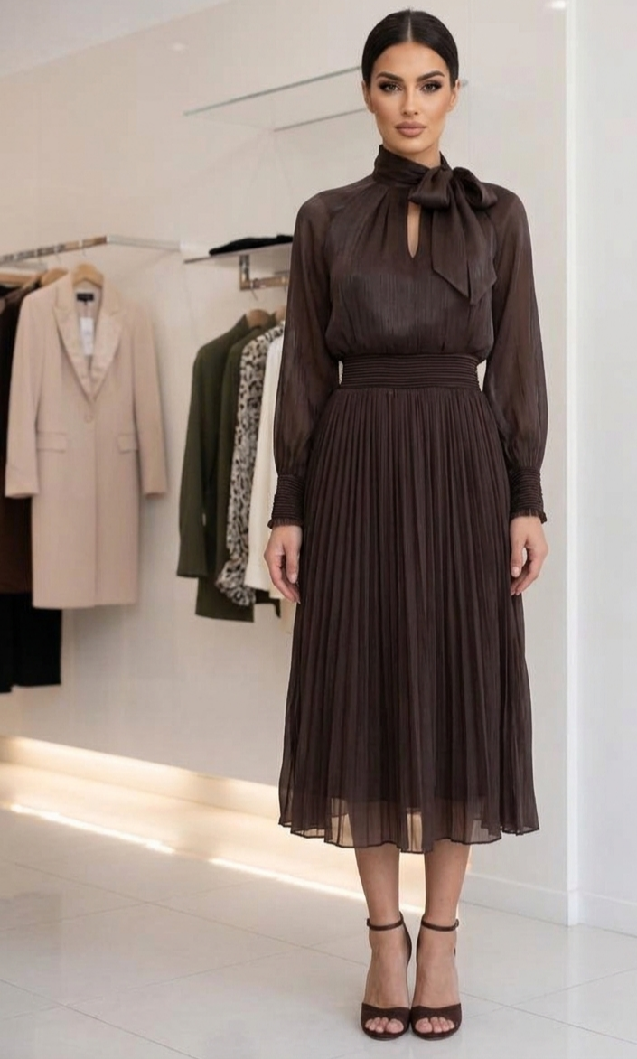 Abito Midi Plessettato in Chiffon con Fiocco al Collo – Marrone Cioccolato