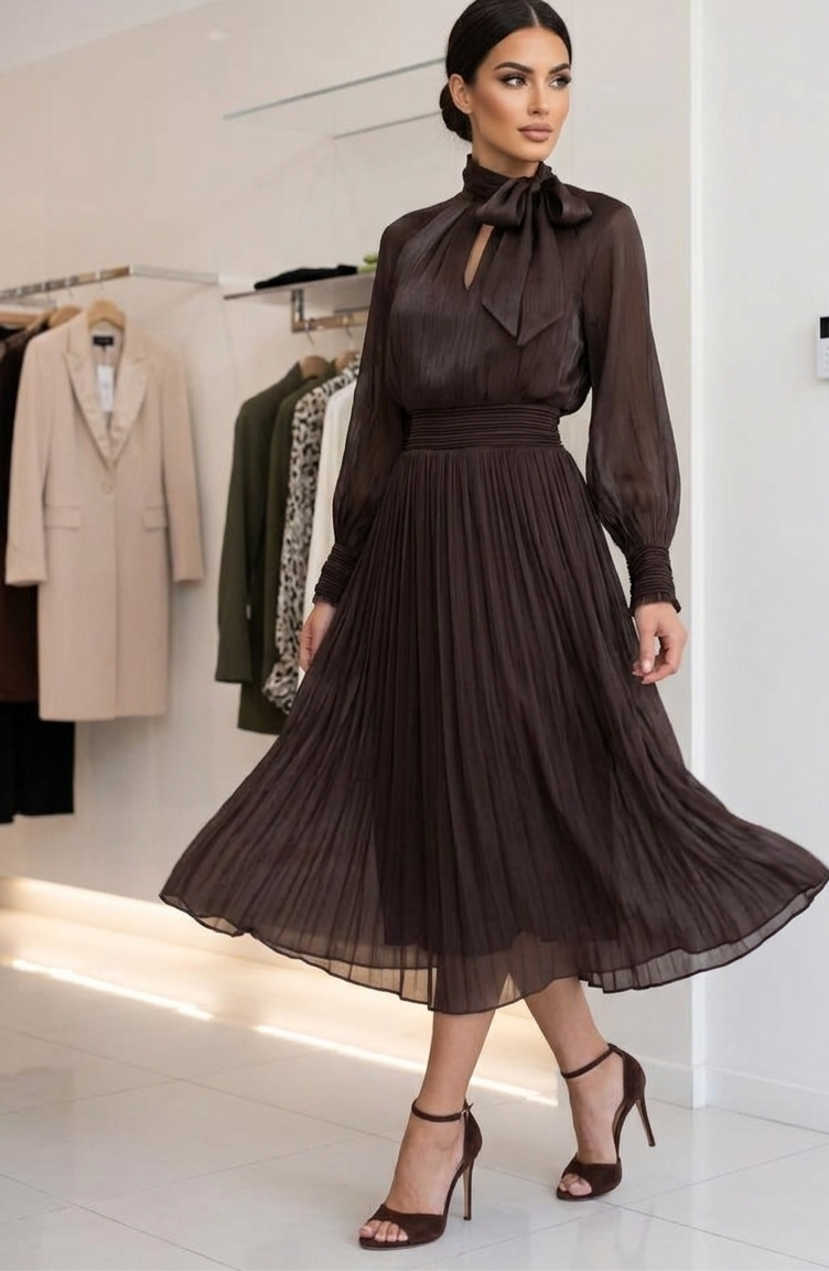 Abito Midi Plessettato in Chiffon con Fiocco al Collo – Marrone Cioccolato