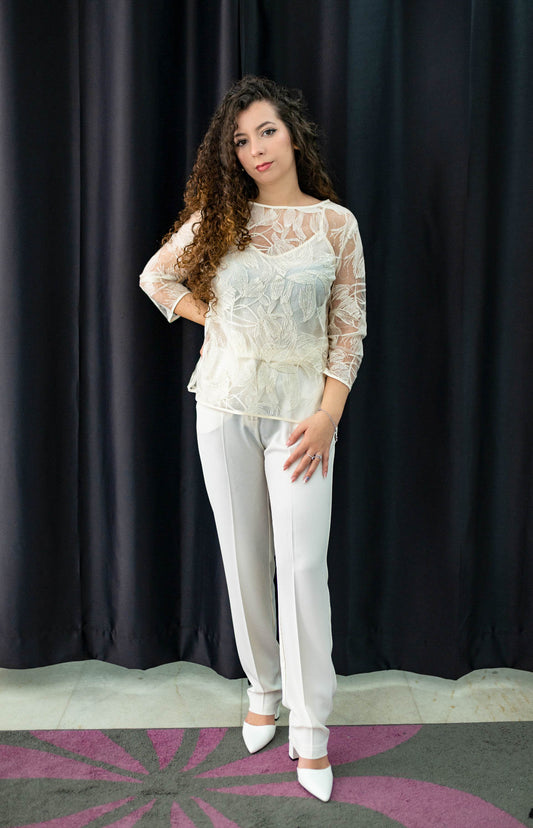 Maglia in tulle ricamato bianco - Operà