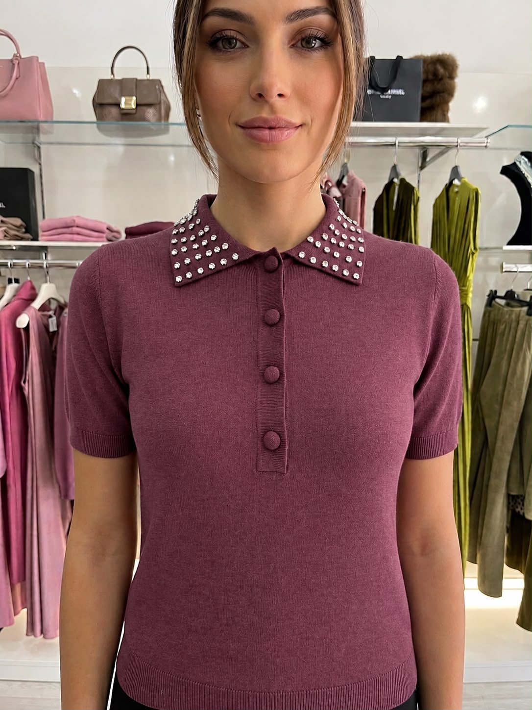Maglia Polo in Maglia Sottile con Colletto Jewel in Strass