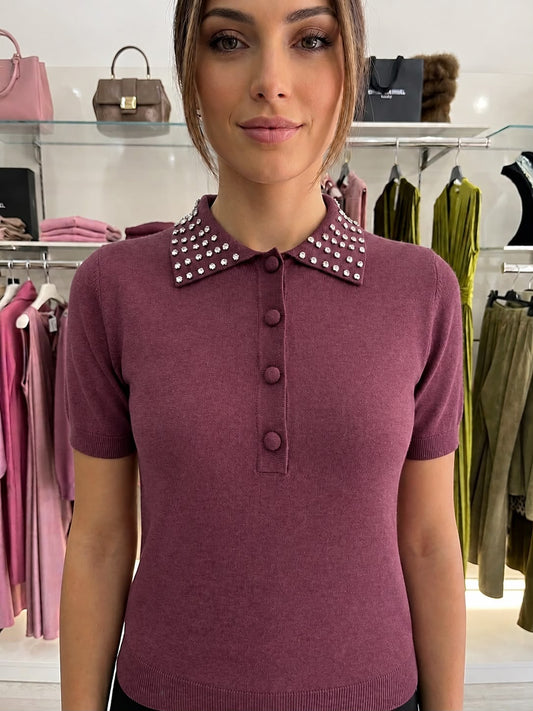 Maglia Polo in Maglia Sottile con Colletto Jewel in Strass