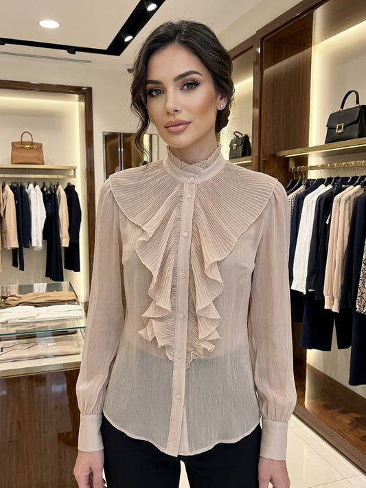 Camicia Elegante in Chiffon con Plastron Plissé