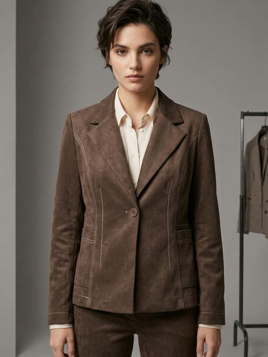 Blazer Sartoriale in Effetto Scamosciato Cioccolato