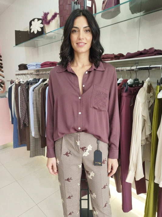 Camicia Fluida in Seta/Satin bordoux, con Taschino ricamato