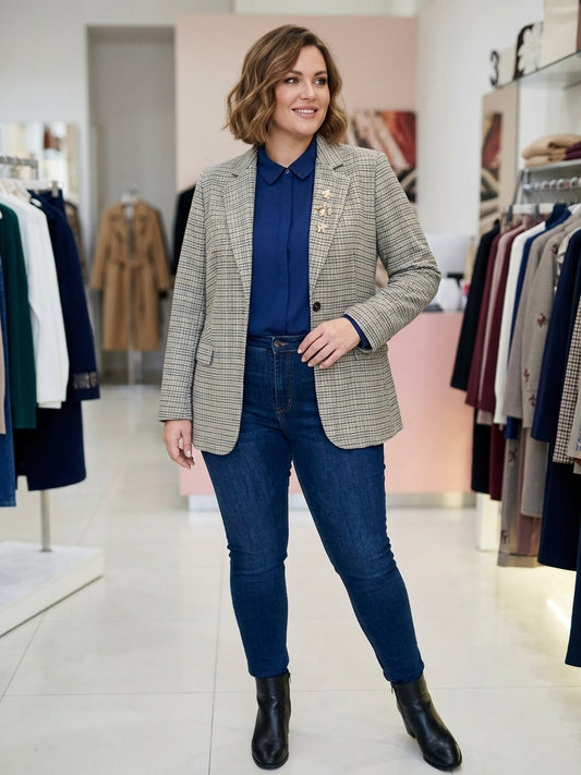 Blazer Invernale in Tweed Quadretti con Dettagli Glow