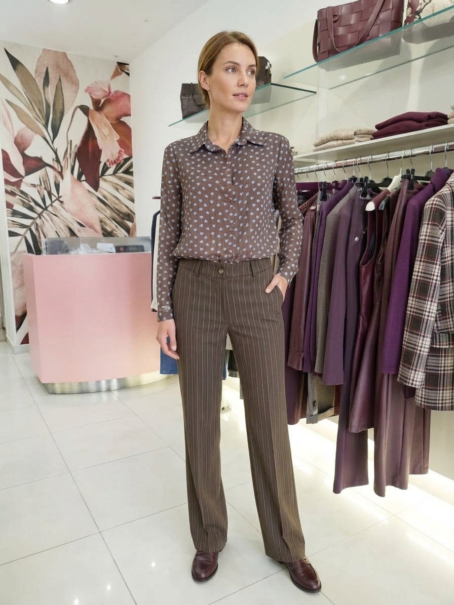 Camicia in Chiffon Marrone a Fantasia Cuori