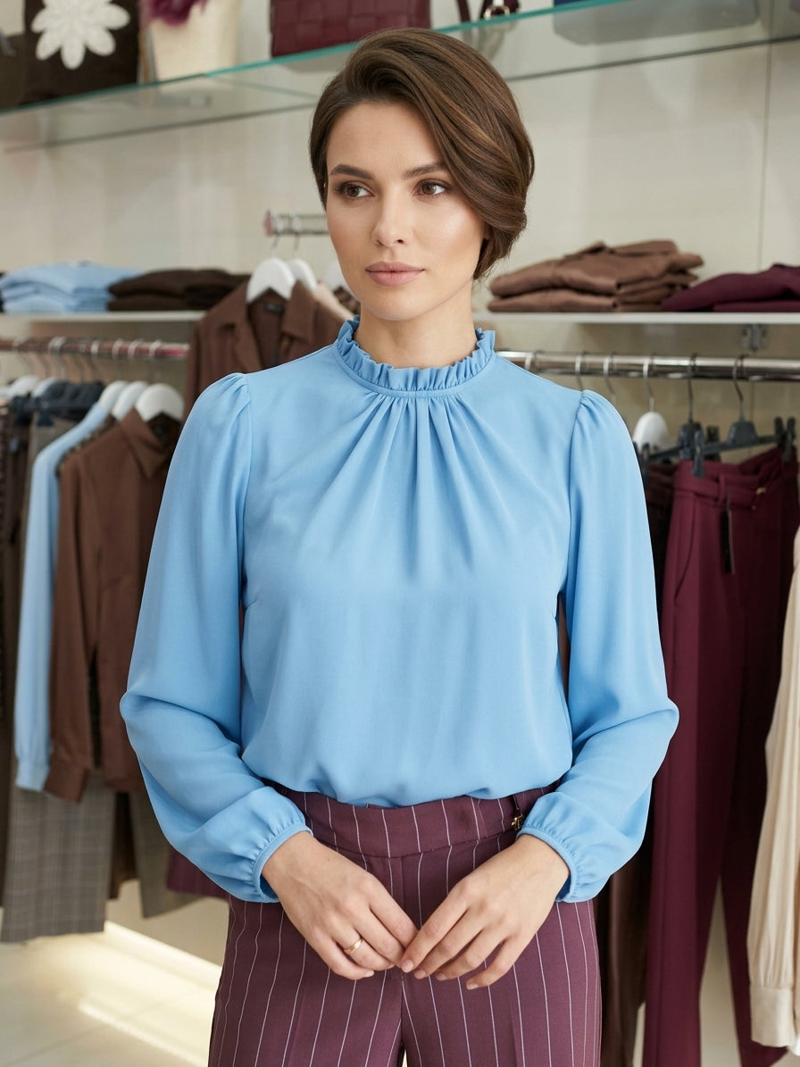 Blusa Elegante con Colletto Arricciato – Azzurro Polvere
