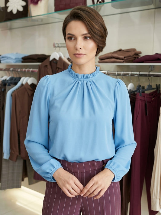 Blusa Elegante con Colletto Arricciato – Azzurro Polvere