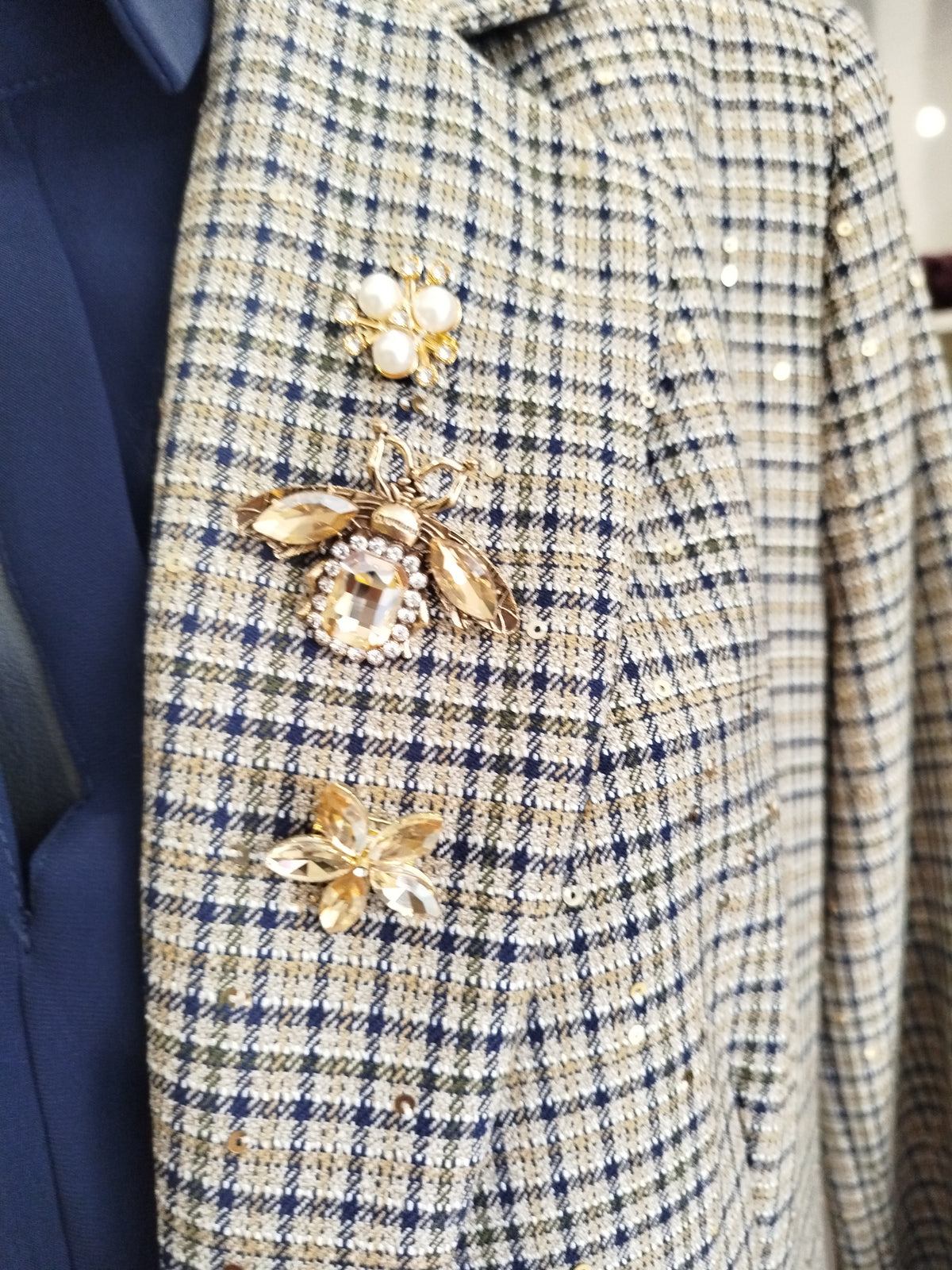 Blazer Invernale in Tweed Quadretti con Dettagli Glow