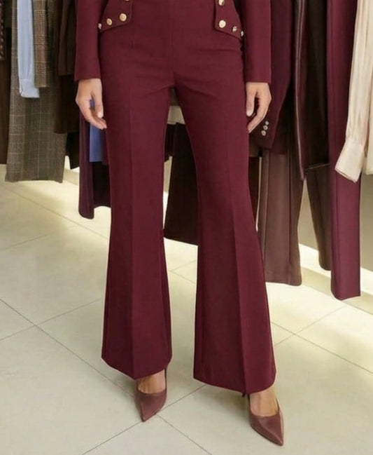 Pantaloni Flare Bordeaux a Vita Alta con Piega Centrale