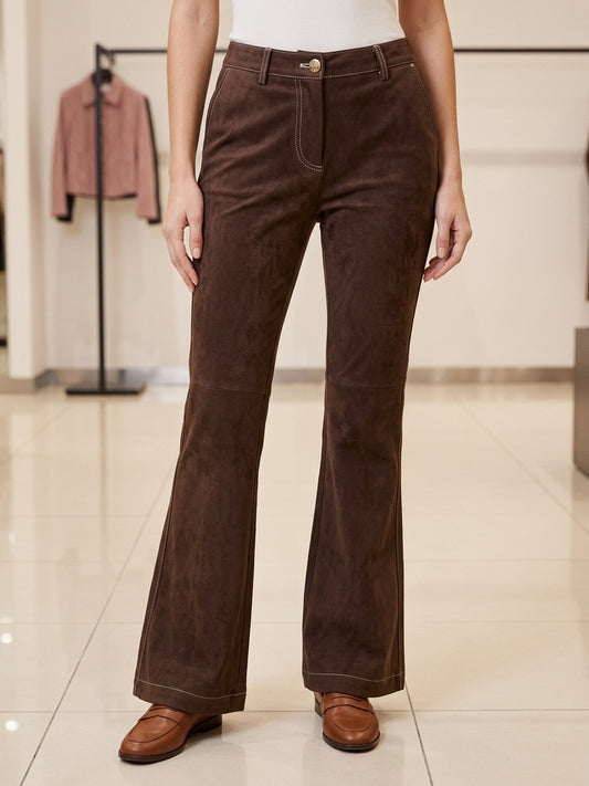 Pantaloni Flared in Effetto Scamosciato Cioccolato