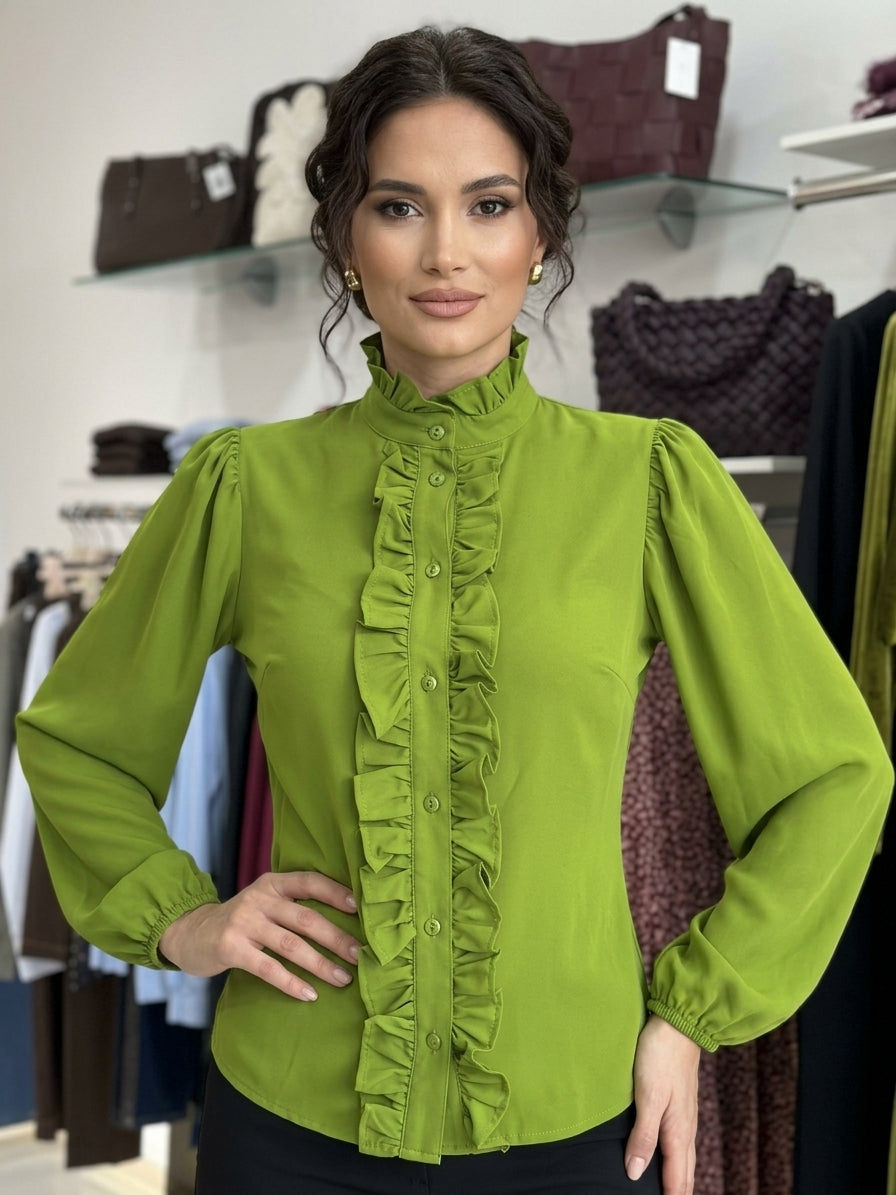 Camicia con Ruffle e Colletto Elegante – Verde Acido / Oliva