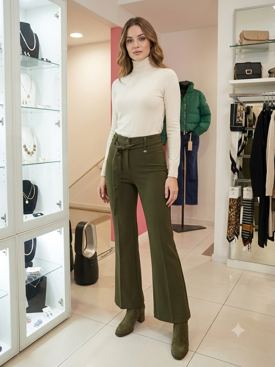 Pantalone Flare Verde Oliva con Cintura Annodata