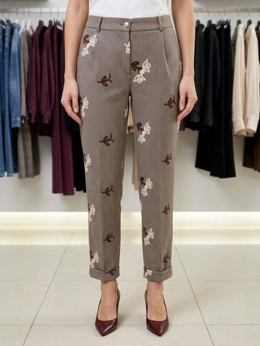 Pantaloni Crop Sartoriali a Micro Micro-Check con Ricami Floreali
